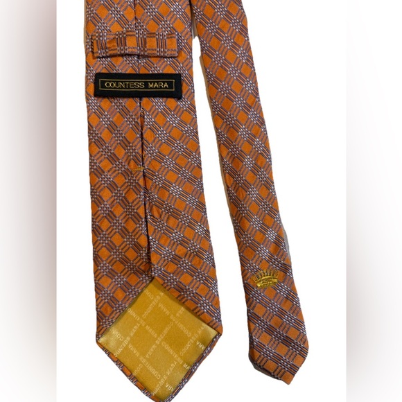 COUNTESS MARA 100% Silk Plaid Orange Blue White Tie Handmade Men’s - Picture 3 of 7